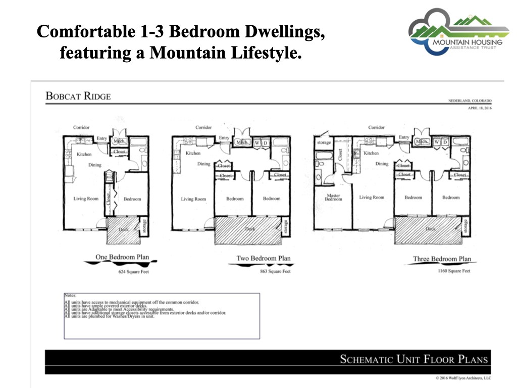 Schematic one-, two-, and three-bedroom unit floor plans for Bobcat Ridge, 624 to 1,160 square feet
