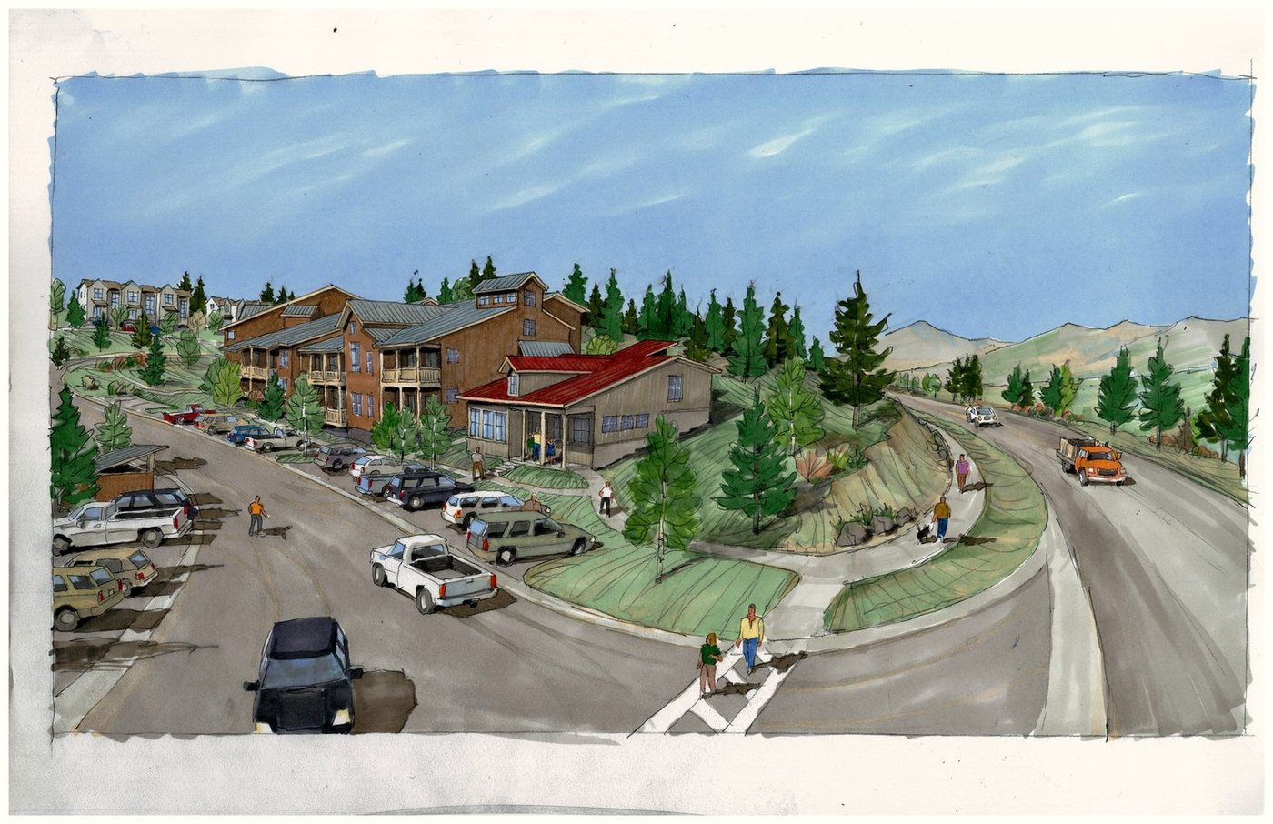 Conceptual watercolor rendering of the Bobcat Ridge community set among the trees